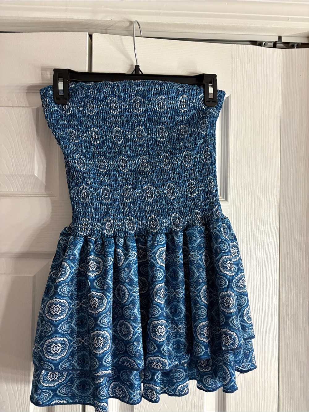 T.J.Maxx Blue Patterned Strapless Smocked Sundress